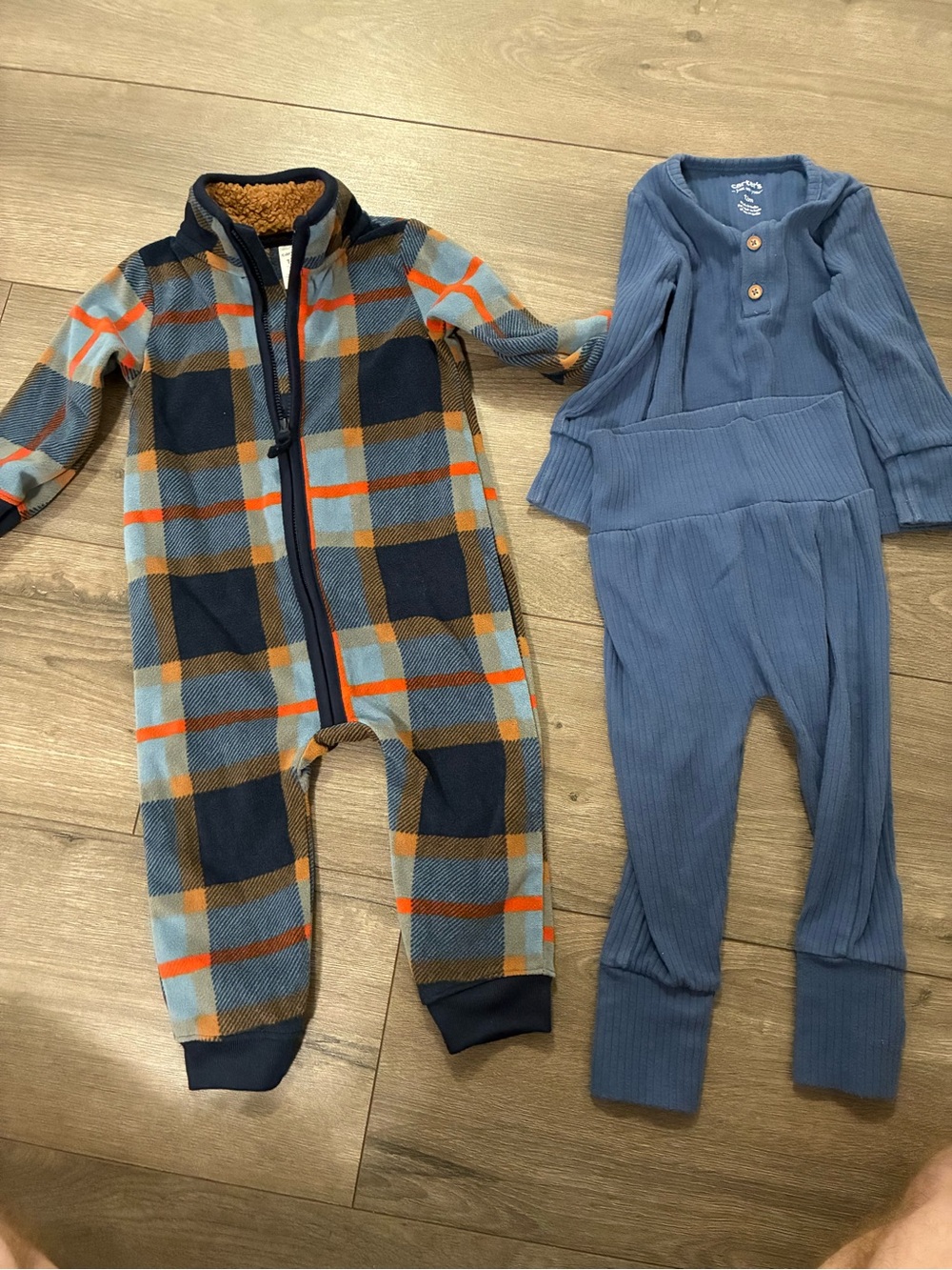 Carter's Navy, Light Blue & Orange Plaid Fleece Zip Footie Set